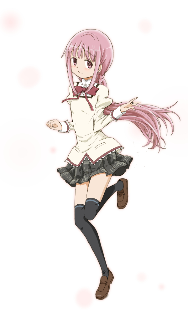 1girl bangs blunt_bangs blush braid cosplay costume_switch kinfuji long_hair magia_record:_mahou_shoujo_madoka_magica_gaiden mahou_shoujo_madoka_magica mitakihara_school_uniform pink_eyes pink_hair puffy_sleeves school_uniform sidelocks skirt solo tamaki_iroha thighhighs