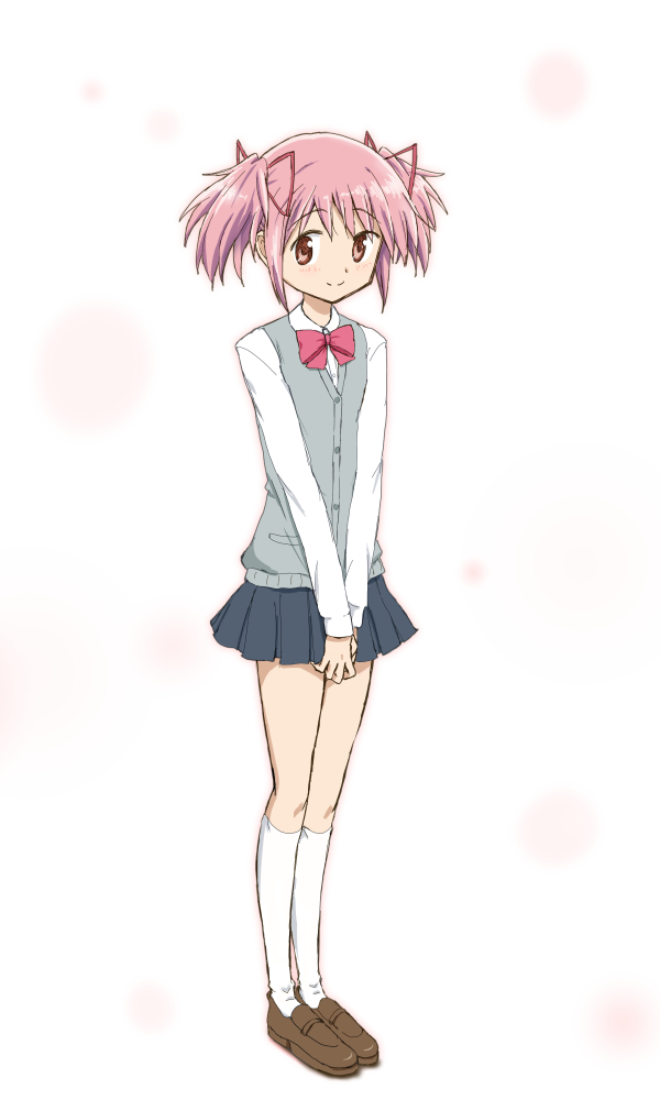 1girl bow cosplay costume_switch hair_ribbon kaname_madoka kinfuji loafers magia_record:_mahou_shoujo_madoka_magica_gaiden mahou_shoujo_madoka_magica pink_eyes pink_hair ribbon school_uniform shoes short_hair short_twintails smile solo takarazaki_school_uniform twintails