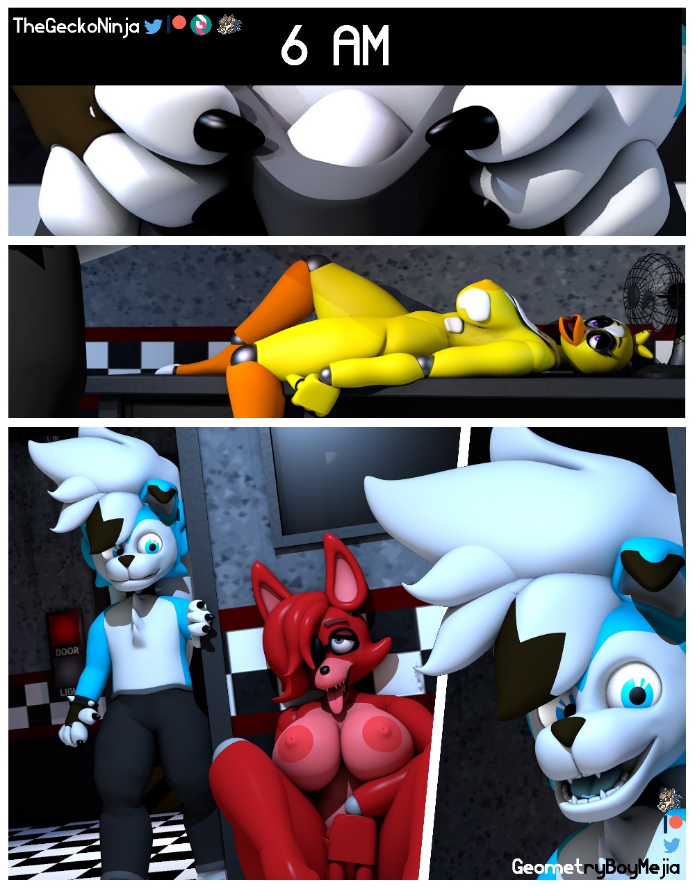 2021 3d_(artwork) 4_fingers after_sex animatronic anthro areola avian big_breasts bird black_bottomwear black_clothing black_pants blue_body blue_eyes blue_fur blue_hair bodily_fluids border bottomwear breasts canid canine caught chest_tuft chica_(fnaf) chicken claws clothed clothing comic cum cum_on_breasts cum_on_face digital_media_(artwork) dressing eye_patch eyewear fan_(disambiguation) feet female finger_claws fingering fingerless_gloves fingers five_nights_at_freddy's fox foxy_(fnaf) fucked_silly fur furniture galliform gallus_(genus) genital_fluids geometryboymejia geometryboymejia_(character) gloves group hair handwear hi_res inside looking_pleasured machine male male/female mammal masturbation nipples nude nude_female on_table open_mouth pants phasianid purple_eyes red_areola red_body red_hair red_nipples robot scottgames table thegeckoninja thick_thighs timestamp tongue tongue_out topless topless_male trio tuft vaginal vaginal_fingering vaginal_masturbation video_games white_border yellow_body yellow_nipples
