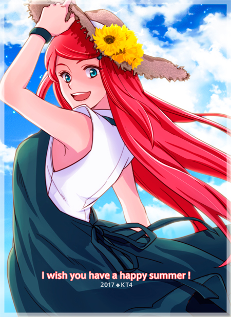 1girl blush cloud cowboy_shot dress flower green_dress hat hat_flower long_hair looking_at_viewer naruto naruto_(series) open_mouth outdoors red_hair shirt sleeveless sleeveless_shirt solo straw_hat sunflower teeth tsukuyomi_kou upper_teeth uzumaki_kushina white_shirt