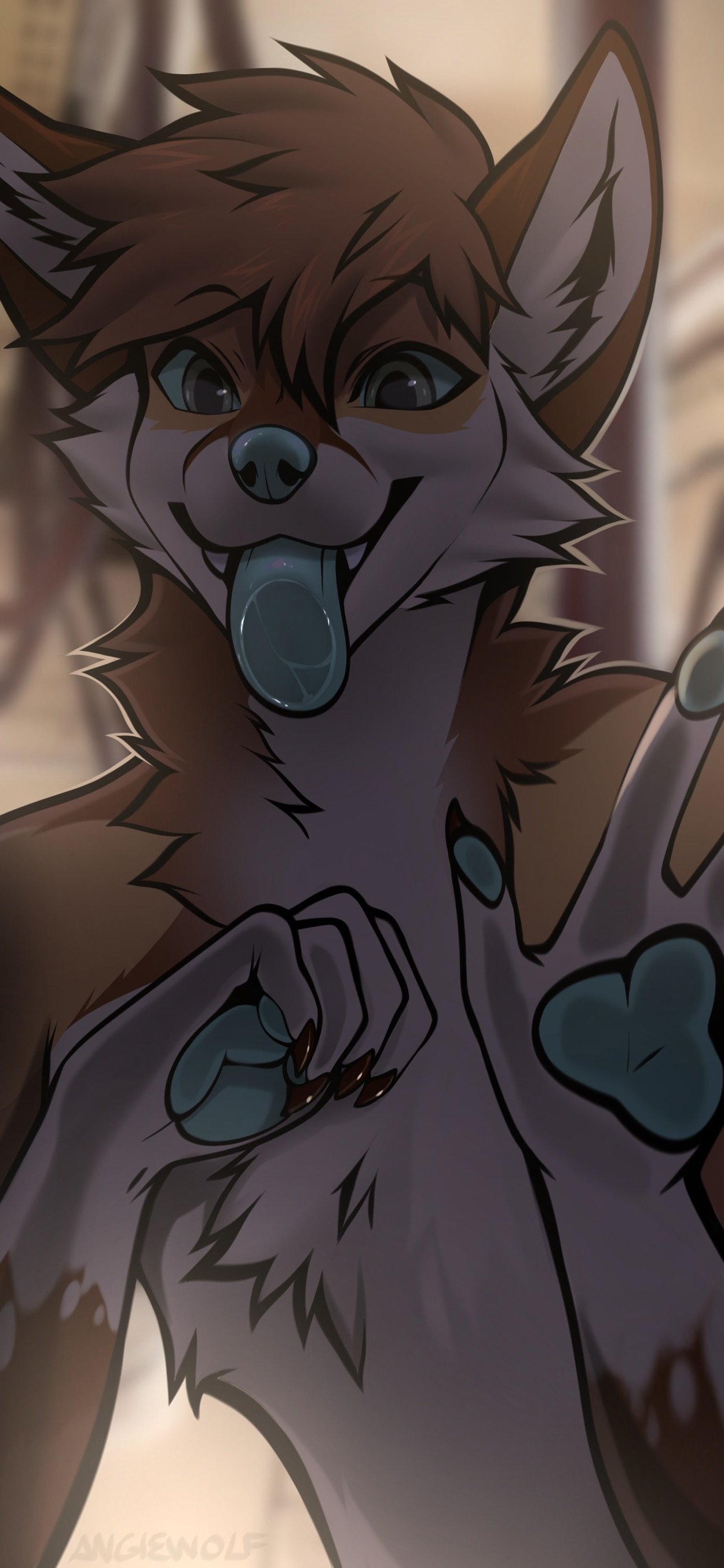 2022 5_fingers absurd_res angiewolf anthro blurred_background breaking_the_fourth_wall canid canine clothed clothing fingers fox fur hi_res inner_ear_fluff licking male mammal open_mouth solo tongue tongue_out topless topless_male tuft