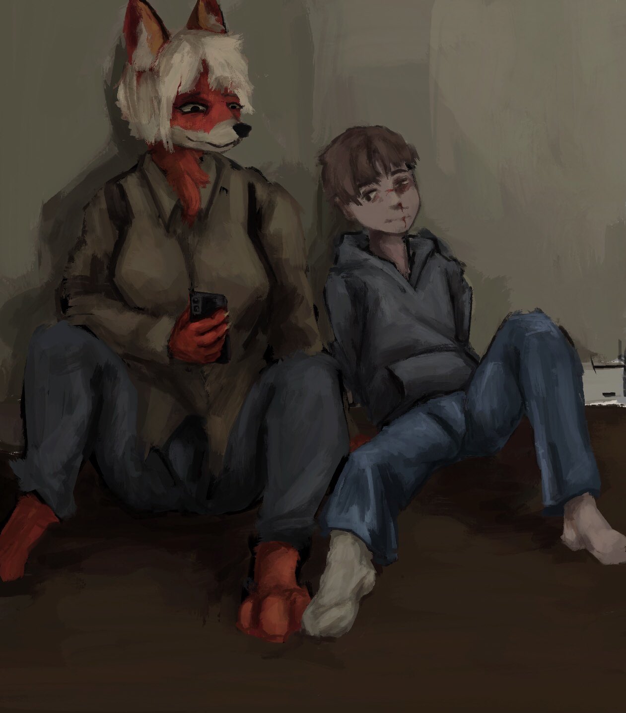 anon2000000 anthro black_eye_(injury) blood bodily_fluids breasts bruised canid canine clothed clothing duo female fox hair hi_res hoodie human larger_female male mammal nosebleed phone sitting size_difference smaller_male topwear wounded young