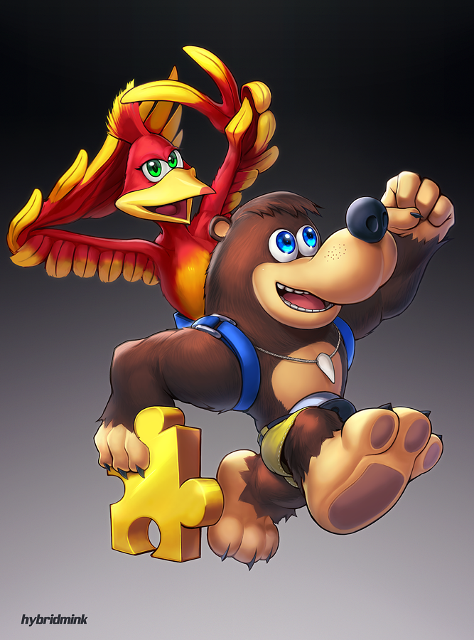 2019 anthro avian banjo-kazooie banjo_(banjo-kazooie) barefoot beak blue_eyes breegull duo feathered_wings feathers feet female feral fingers green_eyes hybridmink kazooie male mammal open_mouth puzzle_piece rareware signature simple_background teeth toes tongue ursid video_games wings