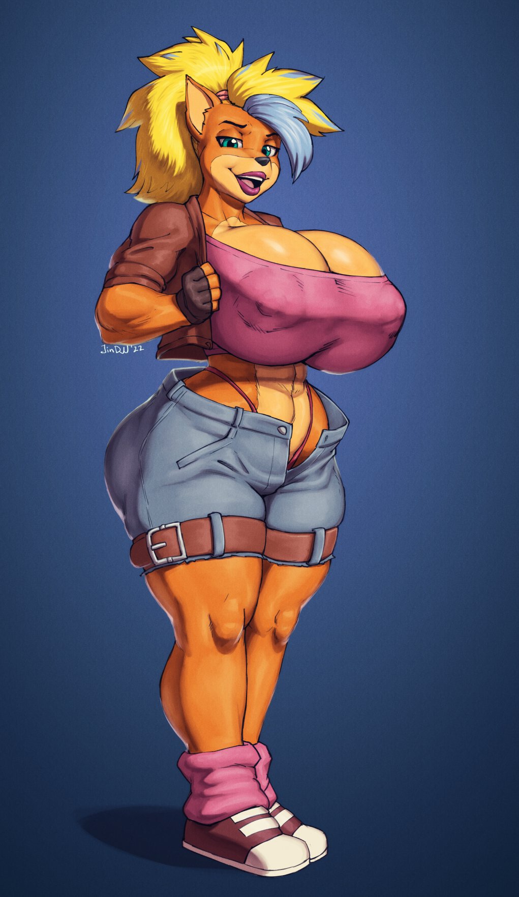 activision anthro areola big_breasts bottomwear bouncing_breasts braless breasts clothing crash_bandicoot_(series) curvy_figure denim denim_clothing female fur hair hi_res huge_breasts jeans jindragowolf mammal marsupial navel nipples pants pirate_tawna ponytail shorts solo tawna_bandicoot thick_thighs tight_clothing video_games voluptuous wide_hips