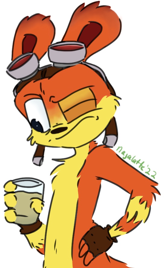 clothing container cup daxter digital_media_(artwork) drinking_glass eyewear fingerless_gloves fur glass glass_container glass_cup gloves goggles handwear jak_and_daxter male mammal mustelid najalatte naughty_dog orange_body orange_fur ottsel simple_background solo sony_corporation sony_interactive_entertainment suspicious video_games white_background