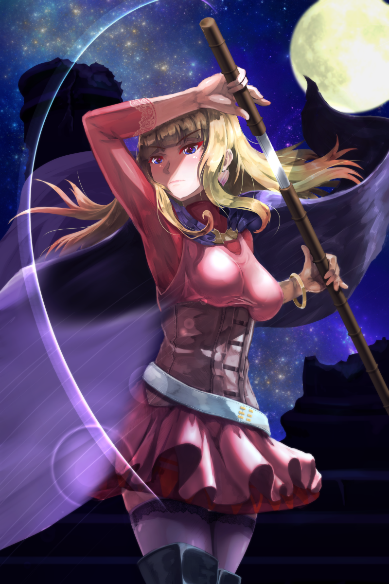 1girl armored_boots bangs blonde_hair blue_eyes blunt_bangs blush boots breasts brown_corset cape closed_mouth commentary_request corset cowboy_shot dress expressionless eyebrows_visible_through_hair full_moon hidden_blade highres holding holding_sword holding_weapon long_hair looking_at_viewer medium_breasts monica_(romancing_saga_3) moon purple_cape purple_legwear red_dress reihou19 romancing_saga_3 saga sheath sidelocks sky solo star_(sky) starry_sky sword thigh_boots thighhighs unsheathing weapon