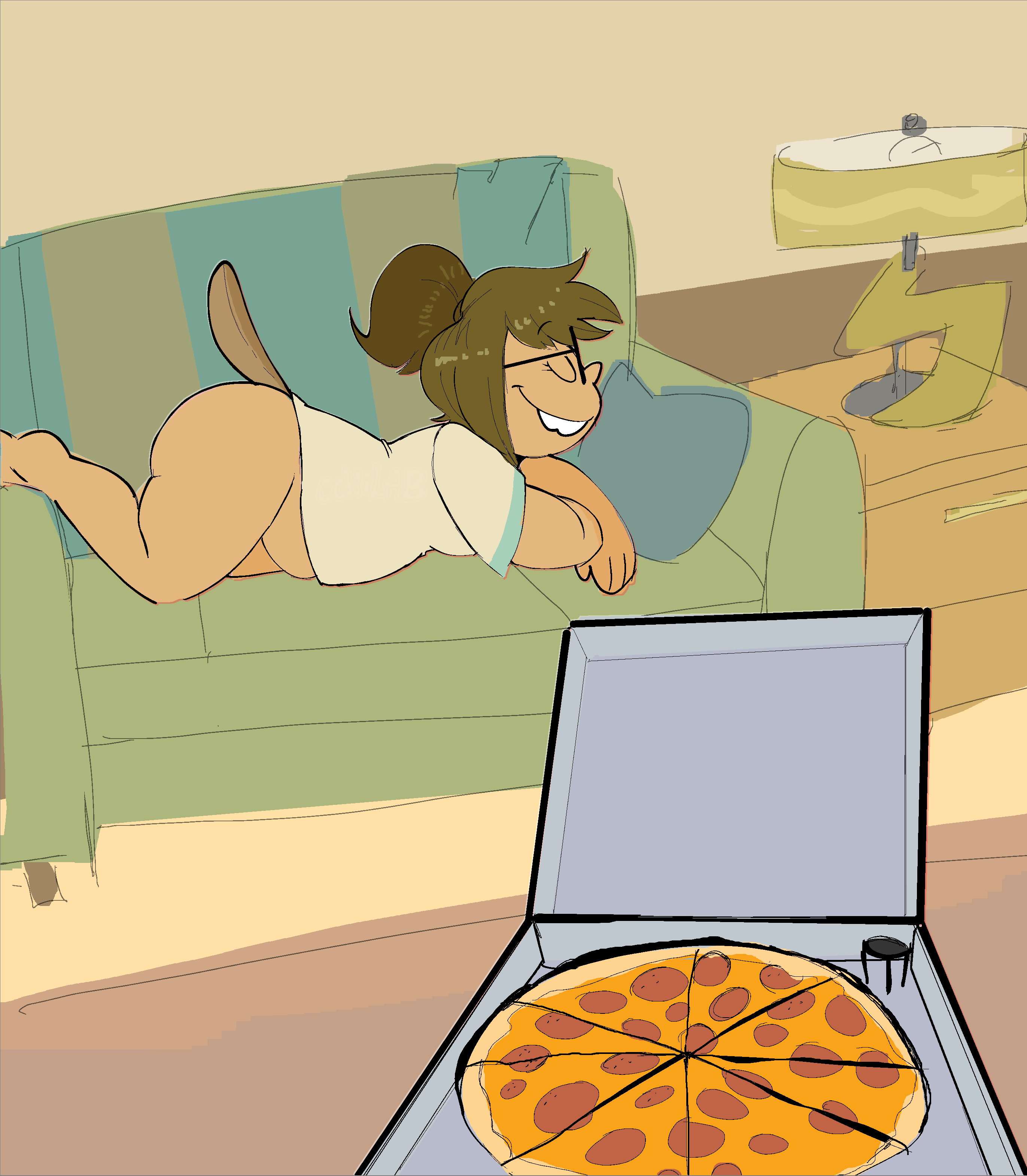 absurd_res anthro beaver bottomless brown_hair buckteeth cartoon_network cchilab chubby_female clothed clothing eileen_roberts eyewear female food furniture glasses hair hi_res mammal pizza pizza_box ponytail regular_show rodent slightly_chubby slutty_face sofa solo teeth