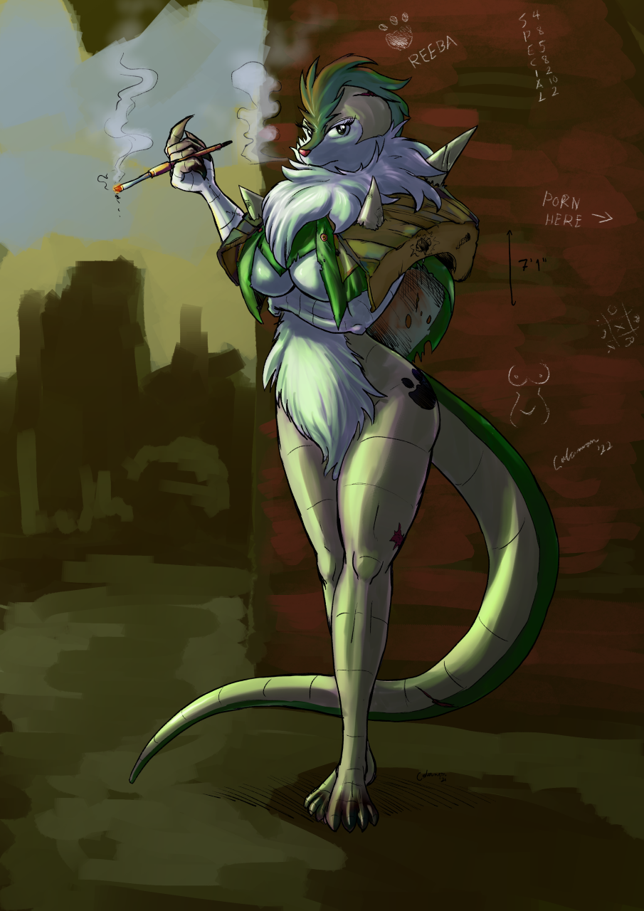 2022 4_toes 5_fingers anthro arm_under_breasts armadillo arrow belly_fluff breasts brick_wall bullet_hole bullet_wound cabriole chesnaught cigarette_holder city city_background city_ruins cleavage clothed clothing colored detailed_background english_text eulipotyphlan fallout:_pca feet female fingers footprint graffiti green_hair hair hedgehog hi_res leg_scar lit_cigarette long_tail mammal measurements neck_tuft nintendo number outside pawprint pawprint_marking pawprint_tattoo pok&eacute;mon pok&eacute;mon_(species) pok&eacute;morph post-apocalyptic red_nose reeba_(s-nina) ruins s-nina scar shadow signature smoke_from_mouth smoking_cigarette solo spikes spikes_(anatomy) standing tattoo text toes tuft under_boob video_games wall_(structure) xenarthran