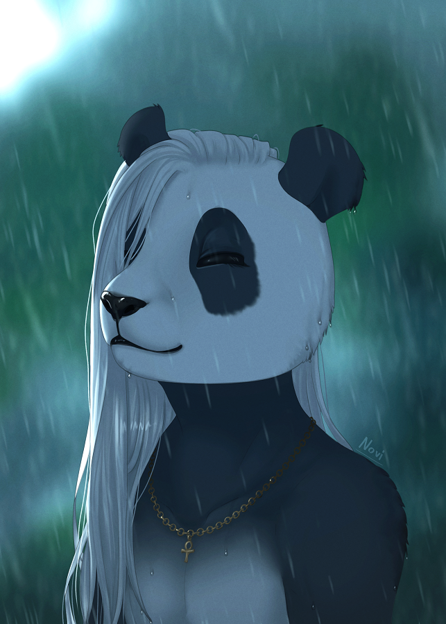 2022 anthro black_body black_fur day detailed_background digital_media_(artwork) eyes_closed fur giant_panda hair jewelry male mammal necklace nude outside raining solo tasanko ursid white_body white_fur white_hair