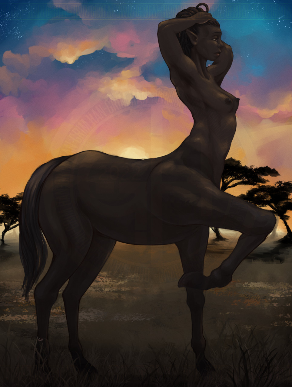 black_hair breasts brown_body brown_skin centaur cloud dreadlocks equid equid_taur evening female grass grimhan hair hi_res humanoid_pointy_ears humanoid_taur mammal mammal_taur nipples nude plant savanna signature sky solo star taur tree watermark