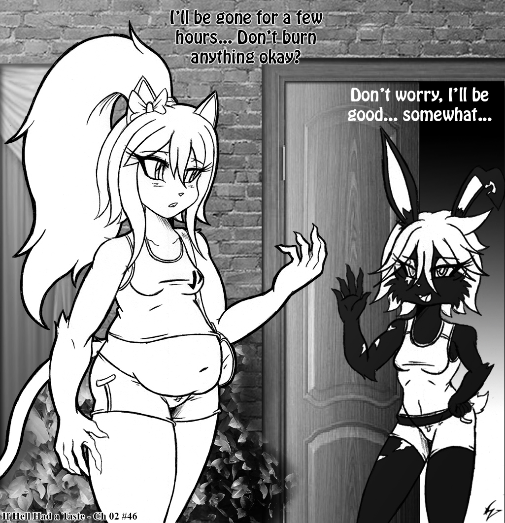 2016 accessory anthro bag belly blake_sinclair bottomwear breasts clothing comic domestic_cat door duo english_text felid feline felis female hair hair_accessory hair_bow hair_ribbon if_hell_had_a_taste lagomorph leporid mammal marci_hetson monochrome navel notched_ear open_mouth overweight overweight_anthro overweight_female plant ponytail rabbit ribbons scar shirt shorts text topwear viroveteruscy