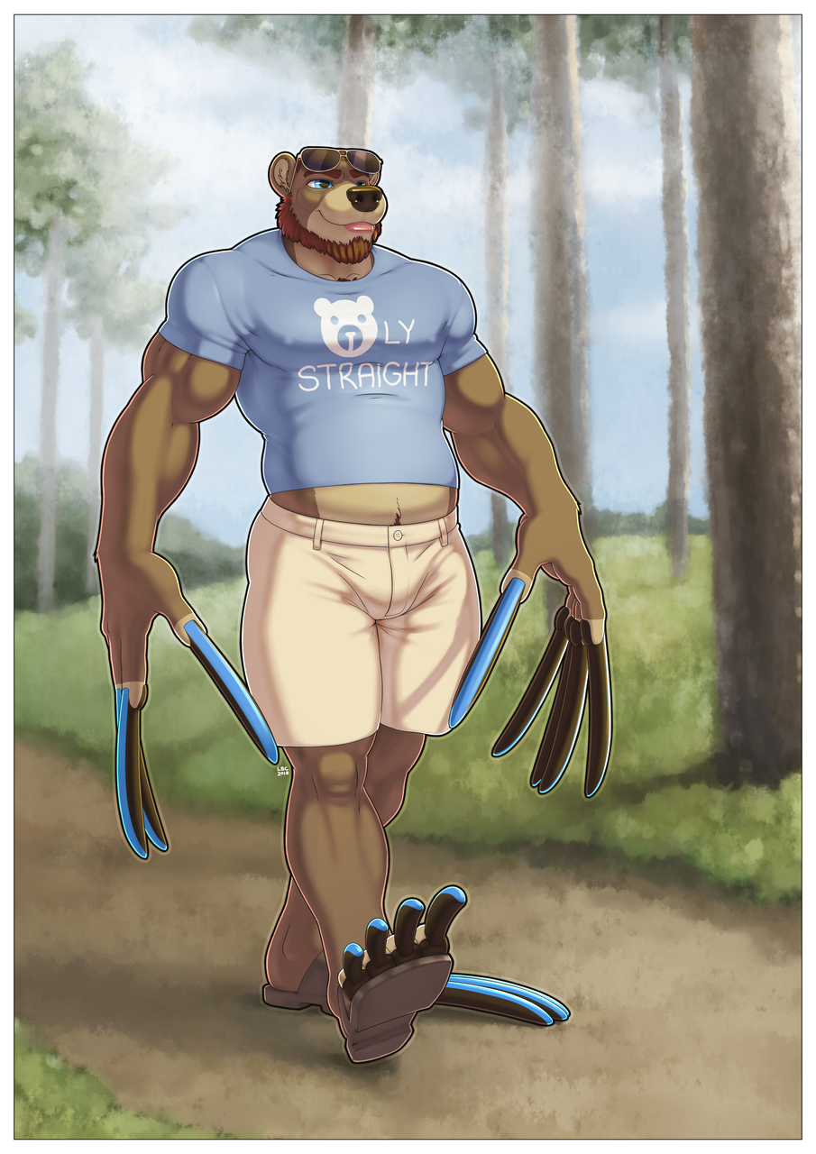 2018 5_fingers anthro biped brown_body brown_fur claws clothed clothing detailed_background digital_media_(artwork) eyewear eyewear_on_head facial_hair fingers forest fully_clothed fur hi_res long_claws longblueclaw male mammal midriff muscular muscular_anthro muscular_male nipple_outline outside pawpads paws plant sky smile solo sunglasses sunglasses_on_head tree ursid walking