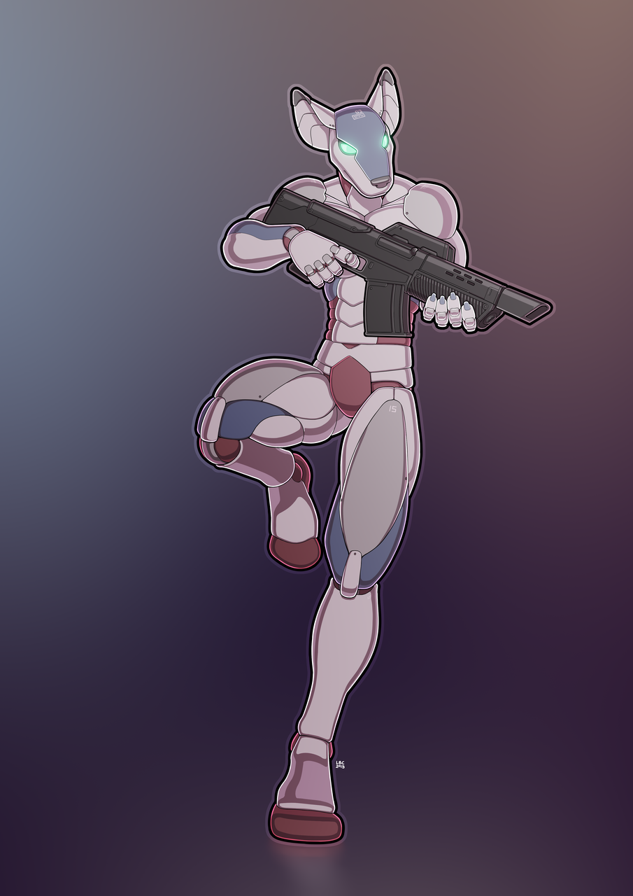 2019 5_fingers ambiguous_gender anthro biped digital_media_(artwork) fingers full-length_portrait glowing glowing_eyes gun hi_res holding_gun holding_object holding_weapon longblueclaw machine nude portrait pose ranged_weapon robot simple_background solo weapon