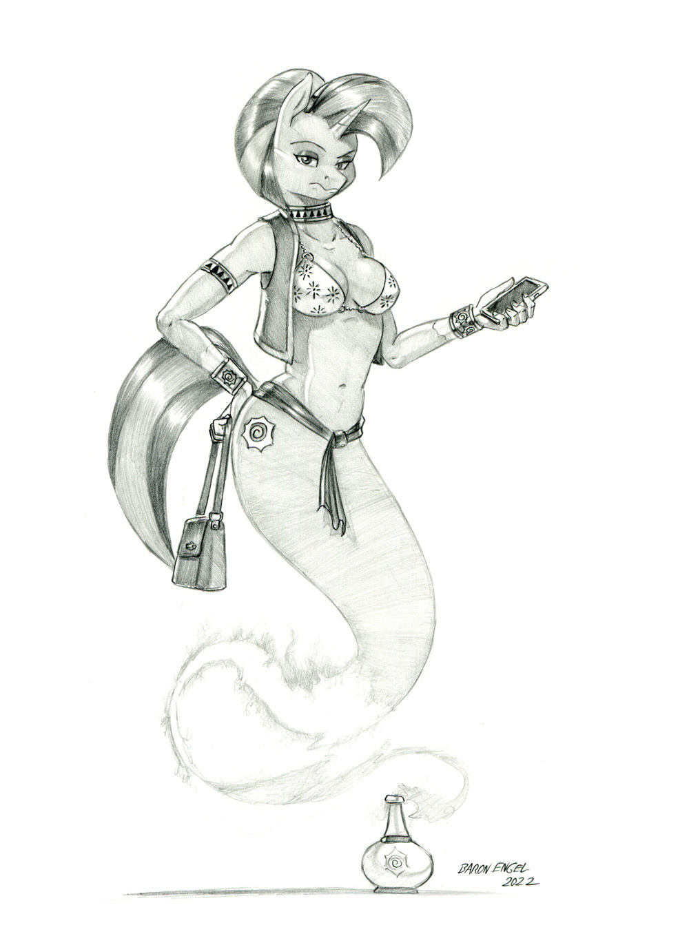 2022 anthro baron_engel bottle bottomless bra bracelet breasts cellphone clothed clothing collar equid equine female floating friendship_is_magic frown genie graphite_(artwork) hand_on_hip handbag hasbro hi_res holding_cellphone holding_handbag holding_object holding_phone holding_smartphone horn jewelry looking_at_viewer mammal midriff my_little_pony phone signature smartphone solo stellar_flare_(mlp) story story_in_description topwear traditional_media_(artwork) underwear unicorn vest