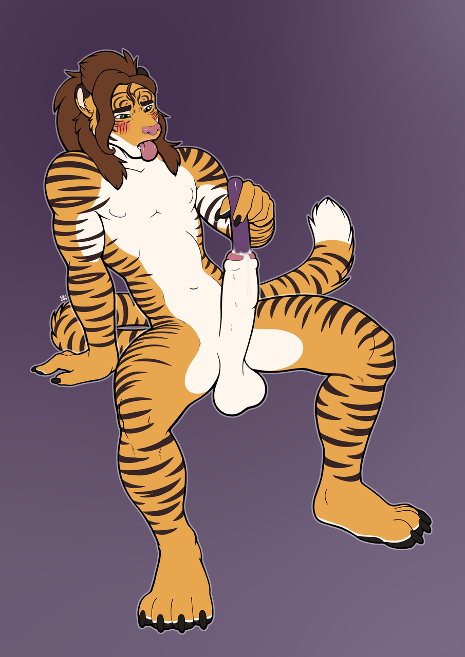 2019 anthro balls brown_hair digital_media_(artwork) felid fur genitals hair hi_res longblueclaw male mammal masturbation nipples open_mouth pantherine penetration penis simple_background sitting solo striped_body stripes tiger tongue tongue_out urethral urethral_masturbation urethral_penetration