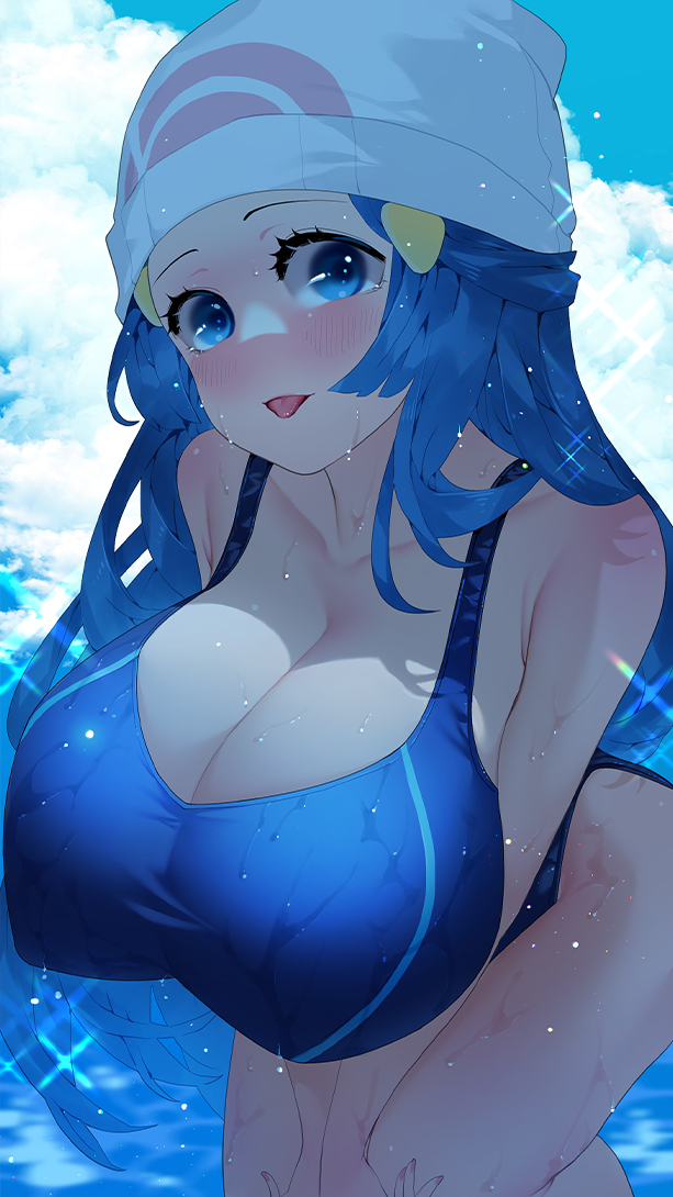 1girl beanie blue_eyes blue_hair breasts dawn_(pokemon) hair_ornament hairclip hat large_breasts pokemon pokemon_(anime) pokemon_(game) pokemon_dppt pokemon_dppt_(anime) pokemon_platinum sparkle sumisumii swimsuit tongue tongue_out water wet wet_clothes wet_swimsuit