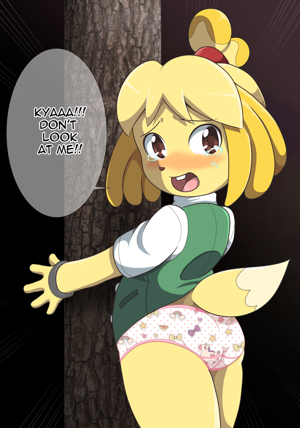 animal_crossing animal_panties anthro blush bodily_fluids bound canid canine canis childish_panties clothing colored_edge_panties crying cuff_(restraint) domestic_dog embarrassed english_text euf-dreamer female handcuffed handcuffs hi_res humiliation isabelle_(animal_crossing) mammal metal_cuffs motion_lines nintendo panties public public_exposure public_humiliation restraints shih_tzu shirt solo speech_bubble tears text tied_to_tree topwear toy_dog underwear vest video_games white_clothing white_panties white_shirt white_topwear