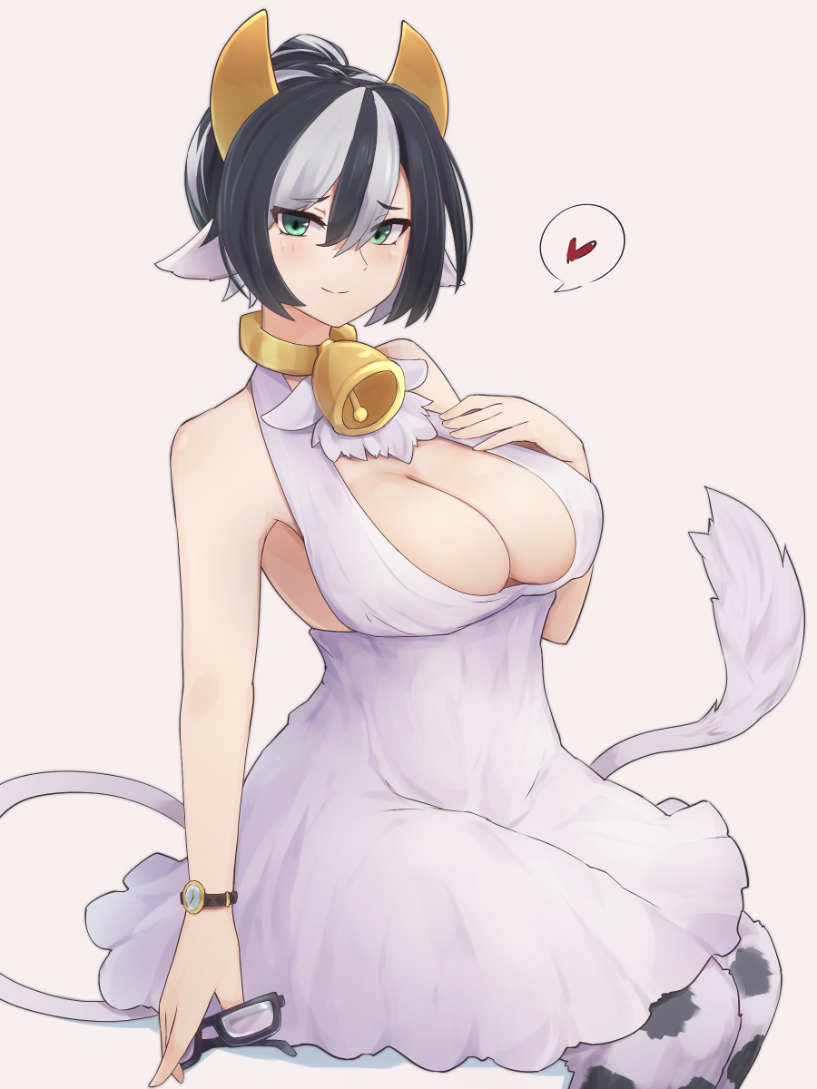 1girl animal_ears bangs bare_arms bare_shoulders bell black-framed_eyewear black_hair breasts commentary commission cow_tail dress english_commentary eyewear_removed fur glasses green_eyes grey_background hair_between_eyes hand_on_own_chest heart highres holding holding_eyewear holstaur_(monster_girl_encyclopedia) horns large_breasts looking_at_viewer mixed-language_commentary monster_girl_encyclopedia multicolored_hair neck_bell simple_background sitting skeb_commission sleeveless sleeveless_dress smile solo spoken_heart streaked_hair tail two-tone_hair watch white_dress white_hair wristwatch yonaga_san