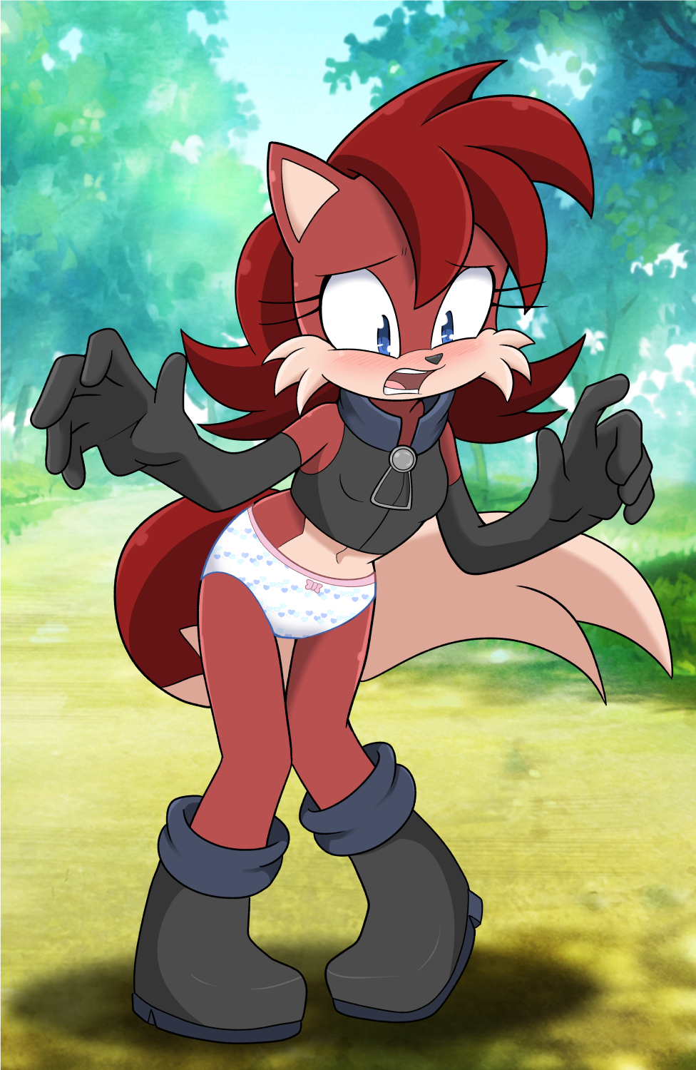 archie_comics blue_eyes blush boots bow_panties canid canine clothing colored_edge_panties crop_top detailed_background embarrassed euf-dreamer eyelashes female fiona_fox footwear forest fox fur gloves hair handwear heart_pattern heart_pattern_panties heart_pattern_underwear hi_res mammal navel panties plant public public_exposure red_body red_fur red_hair sega shirt solo sonic_the_hedgehog_(archie) sonic_the_hedgehog_(comics) sonic_the_hedgehog_(series) topwear tree underwear white_panties zipper_pull_tab zipper_topwear