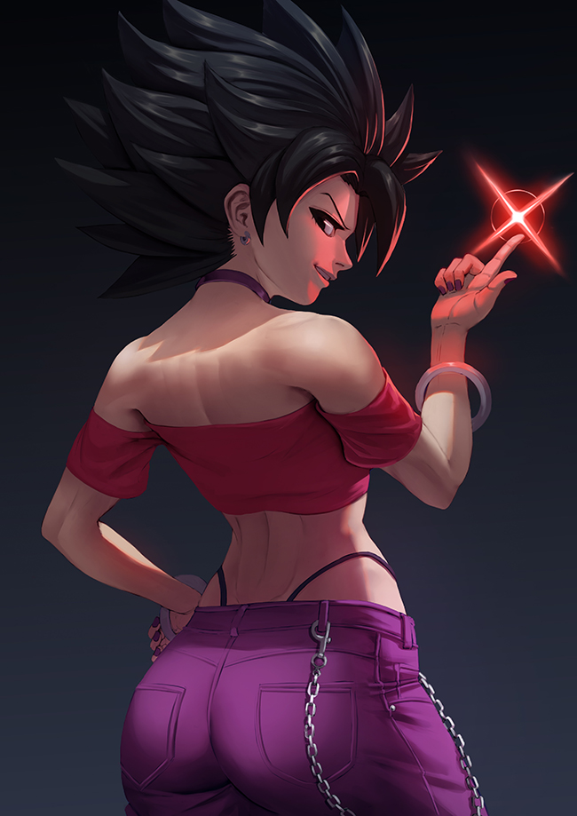 1girl ass back bangle bare_shoulders big_hair black_hair borrowed_design bracelet caulifla choker denim dragon_ball dragon_ball_super earrings energy_ball english_commentary fingernails from_behind hand_on_hip highleg highleg_panties index_finger_raised jeans jewelry looking_at_viewer looking_back nail_polish panties pants purple_choker purple_nails purple_pants red_tube_top saiyan shoulder_blades solo spiked_hair strapless toned tube_top underwear wallet_chain zetman92