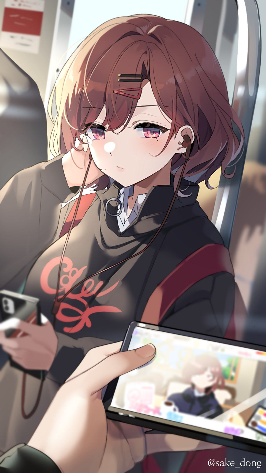 1girl 1other adjusting_earphones backpack bag bangs banned_artist blush breasts brown_hair cellphone closed_mouth commentary earphones expressionless eyebrows_visible_through_hair hair_ornament hairclip hand_up highres higuchi_madoka idolmaster idolmaster_shiny_colors long_sleeves looking_at_viewer medium_breasts mole mole_under_eye phone red_bag red_eyes revision sake_dong shirt short_hair smartphone solo_focus sweatshirt train_interior white_shirt wing_collar
