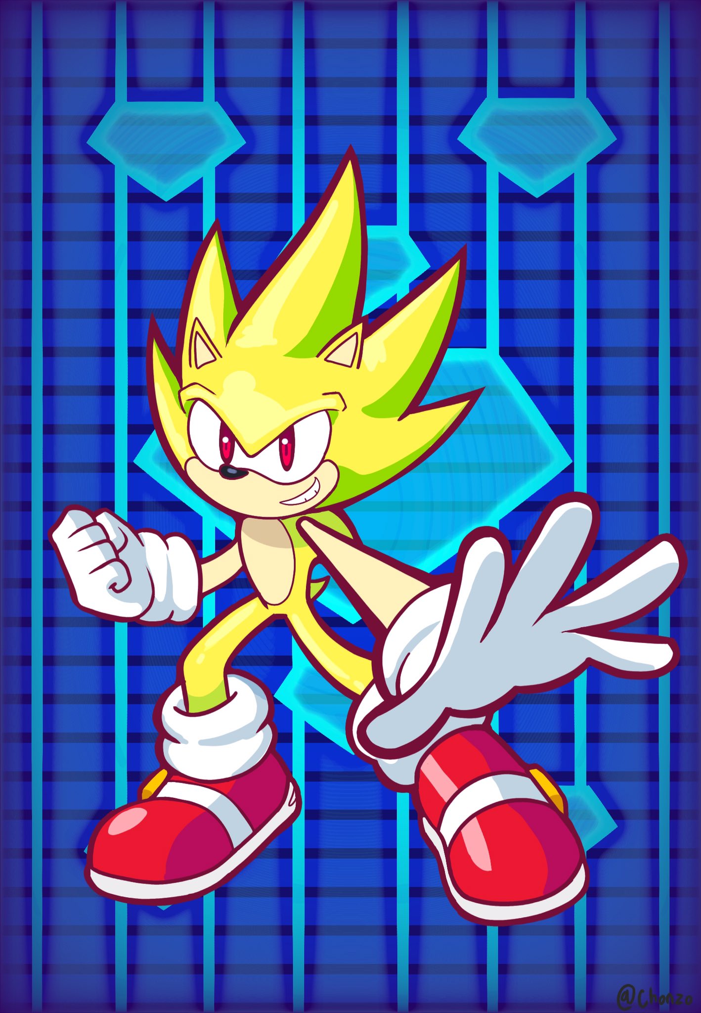 5_fingers anthro blue_background chonzo clothing eulipotyphlan fingers footwear fur gloves handwear hedgehog hi_res looking_at_viewer male mammal pattern_background pose prick_ears red_clothing red_eyes red_footwear red_shoes sega shoes simple_background smile solo sonic_the_hedgehog_(series) super_sonic tan_body tan_fur white_clothing white_gloves white_handwear yellow_body yellow_fur