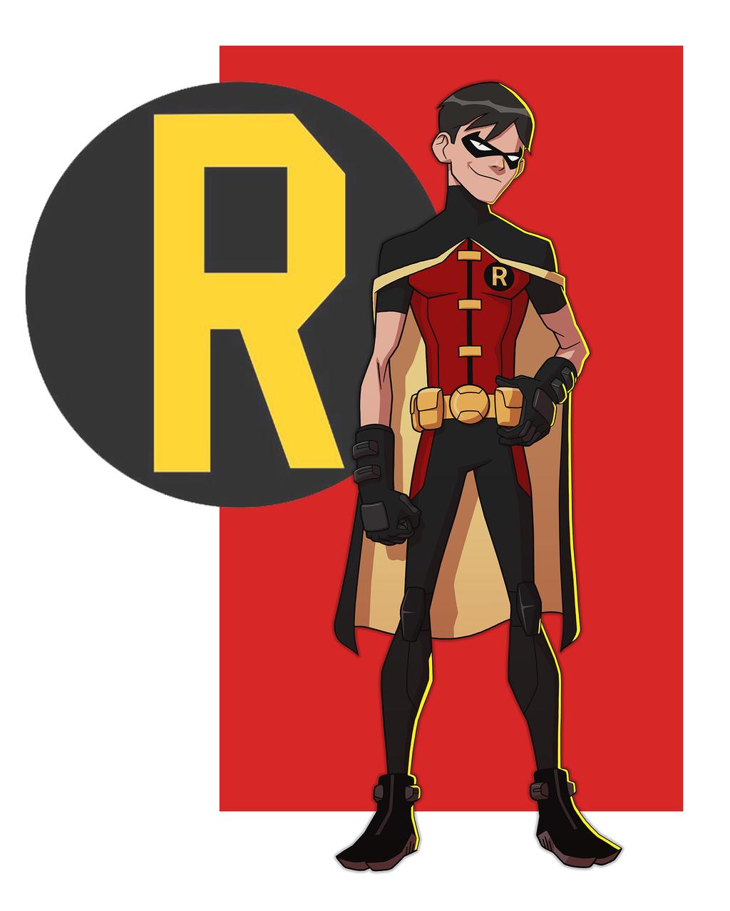 1boy belt black_footwear black_gloves black_hair black_legwear cape dick_grayson domino_mask formal gloves hand_on_hip highres jerome-k-moore jpeg_artifacts knee_pads male_focus mask robin_(dc) smile suit superhero teenage young_justice