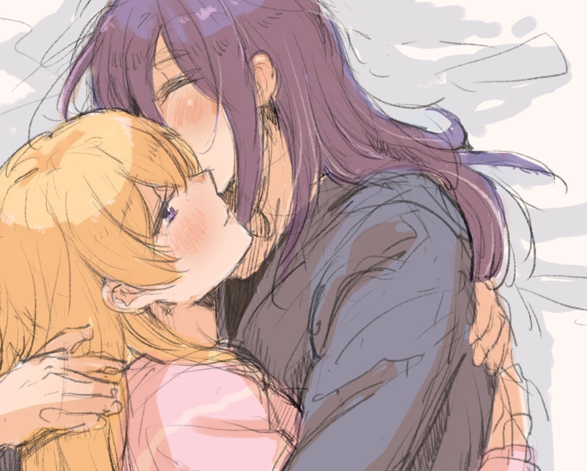 2girls bang_dream! blonde_hair blush closed_eyes cuddling hand_in_another's_hair hug jingo_kajiki long_hair lying multiple_girls on_bed on_side purple_eyes purple_hair seta_kaoru shirasagi_chisato sketch upper_body yuri