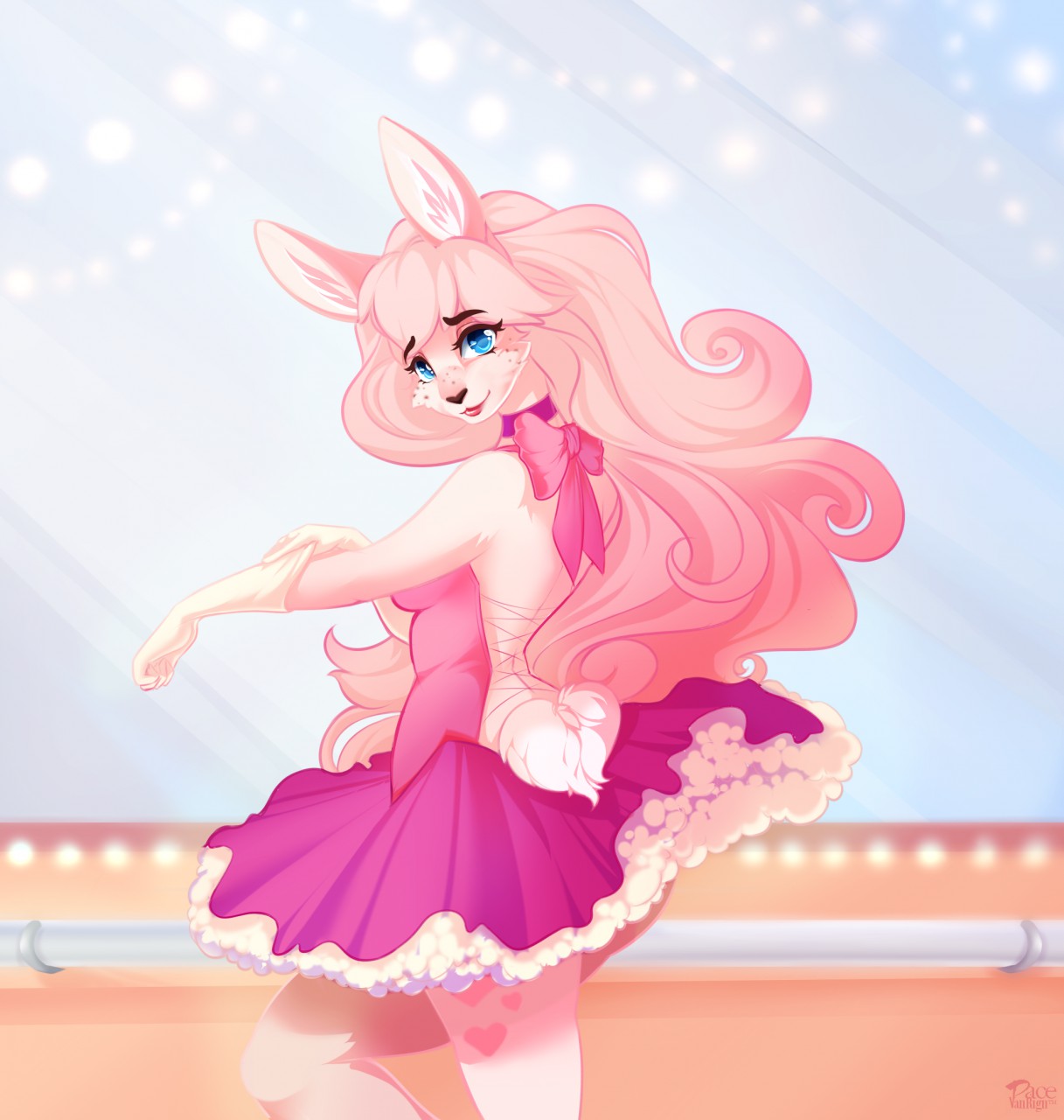 anthro ballerina blue_eyes clothed clothing lagomorph looking_at_viewer mammal pacevanrign pink_dress rabbit solo