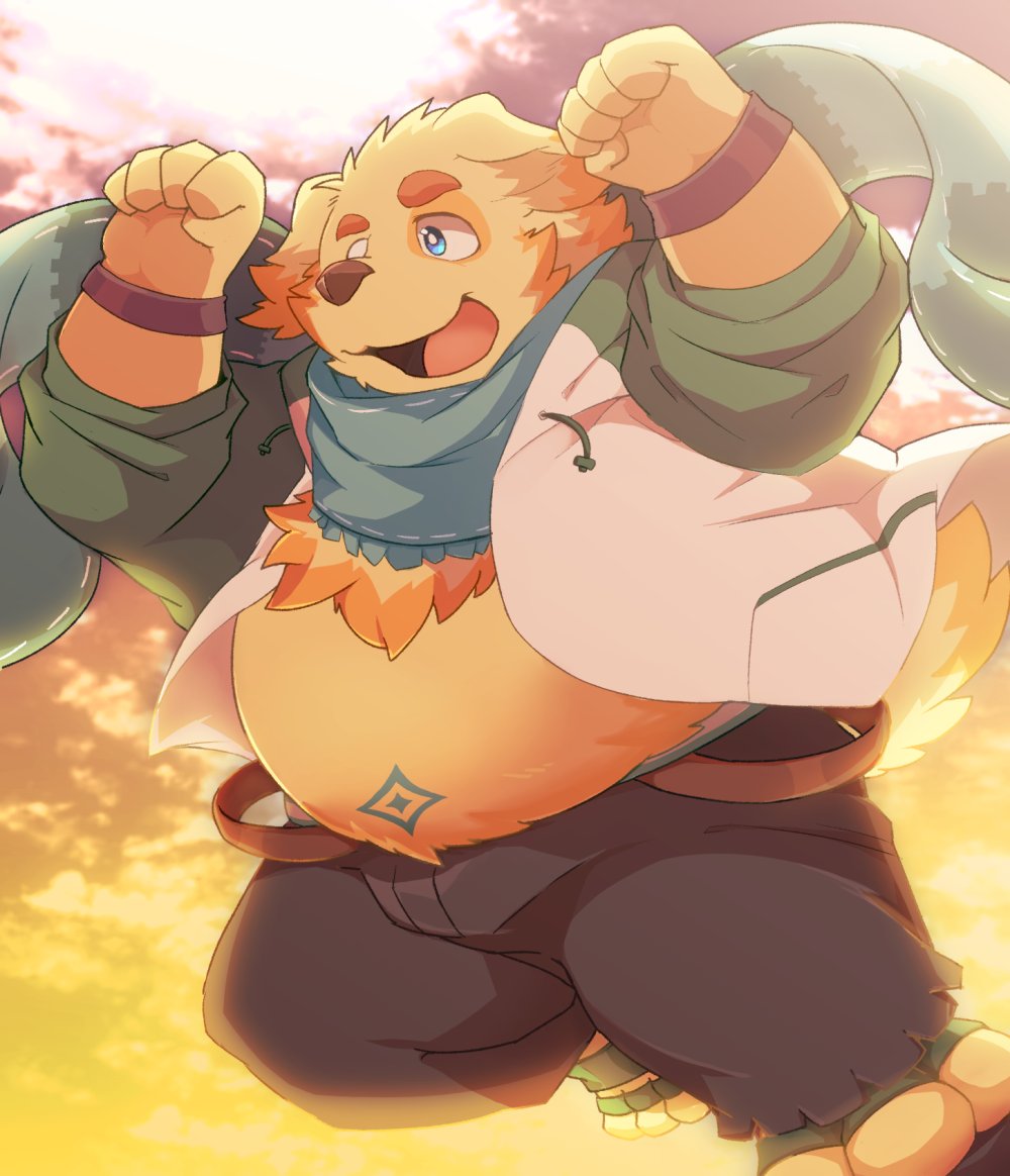 boar_stag144 canid canine canis clothed clothing cusith domestic_dog fluffy golden_retriever hoodie invalid_tag male mammal scarf shorts slightly_chubby sunset tokyo_afterschool_summoners topless video_games