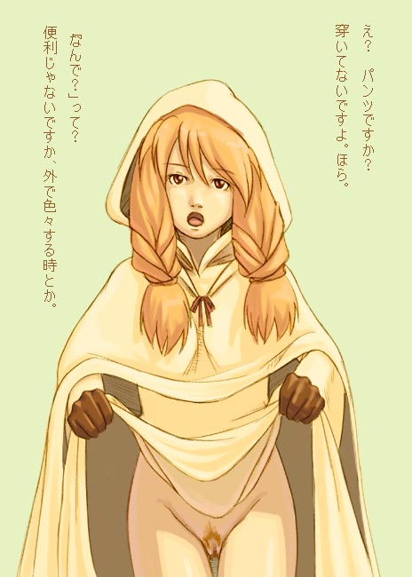 bad_id bad_pixiv_id brown_eyes brown_hair censored dress dress_lift final_fantasy final_fantasy_tactics hood momigara_(mmgrkmnk) no_panties pubic_hair pussy robe solo translated white_mage white_mage_(fft)