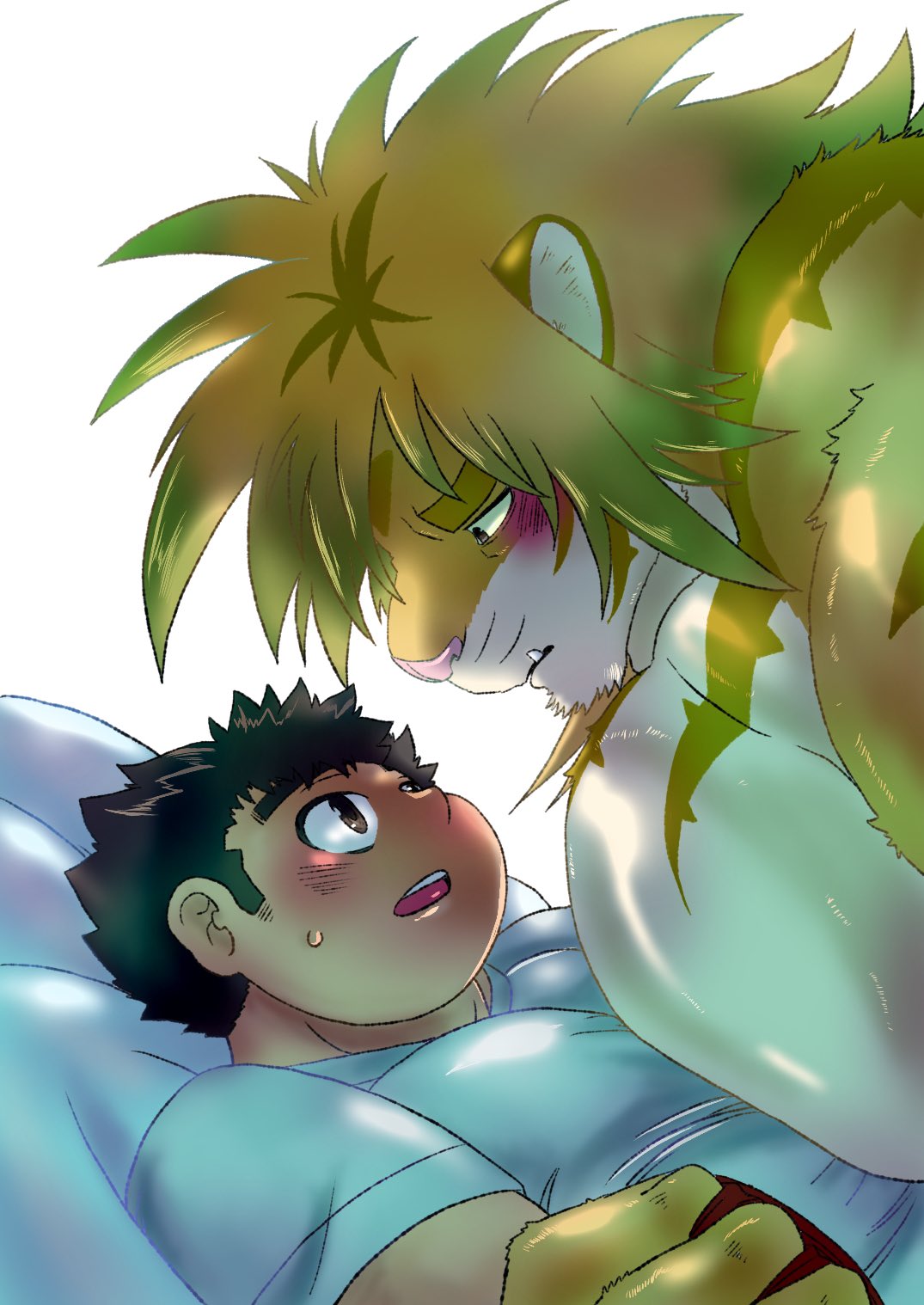 anthro blush chubby_protagonist_(tas) duo eye_contact fur green_eyes hi_res human kusarikakemono lifewonders looking_at_another macan_(tas) male male/male mammal muscular muscular_anthro muscular_male pecs size_difference slightly_chubby tokyo_afterschool_summoners video_games yellow_body yellow_fur