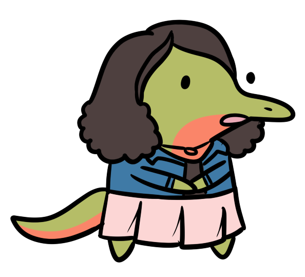 alpha_channel anne_frank_(gvh) anthro bottomwear brown_hair chibi clothed clothing dinosaur female goodbye_volcano_high green_body green_skin hair humanoid jewelry long_hair long_tail necklace open_mouth reptile scalie simple_background skirt snoot_game_(fan_game) solo transparent_background unknown_artist video_games