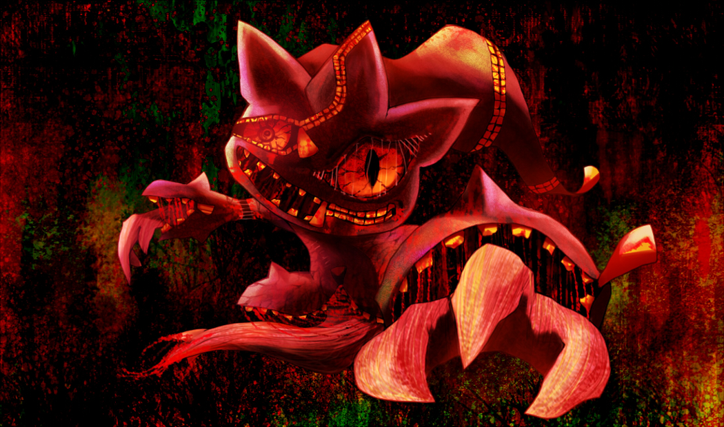 banette blood commentary_request dripping english_commentary full_body horror_(theme) looking_at_viewer mega_banette mega_pokemon mismatched_pupils mixed-language_commentary no_humans open_mouth partial_commentary pokemon pokemon_(creature) reaching_out red_theme ribero smile solo teeth yellow_eyes zipper zipper_pull_tab