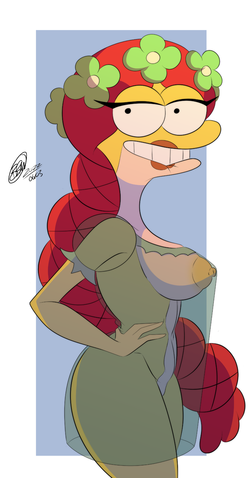 2022 amphibia_(series) amphibian anthro breasts bunbunmuffins clothing disney dress felicia_sundew female frog hair half-closed_eyes hi_res lipstick looking_at_viewer makeup narrowed_eyes nipples red_hair smile solo translucent translucent_clothing translucent_dress