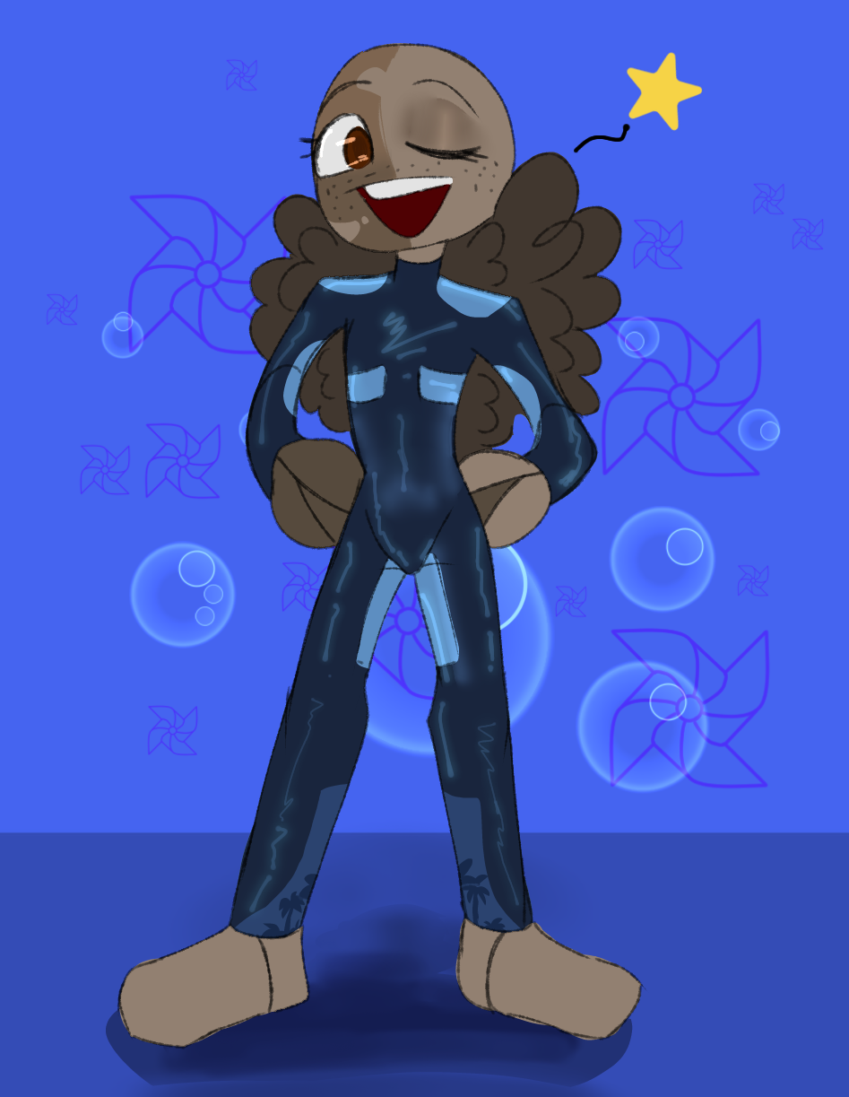 andromorph_(lore) big_hair blue_background brown_eyes brown_hair bubble character_name circlehead clothing eyelashes featureless_feet freckles hair happy hi_res male male_(lore) mature_male one_eye_closed open_mouth rtcott-450 simple_background star swimwear teenager wink young