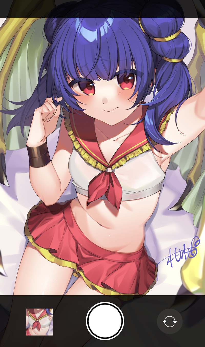 1girl armpits ascot breasts camera_phone citron_82 collarbone commission crop_top dragon_wings fire_emblem fire_emblem:_the_sacred_stones hair_twirling highres long_hair midriff miniskirt myrrh_(fire_emblem) navel phone_screen red_eyes sailor_collar short_twintails signature sitting skeb_commission skirt small_breasts solo twintails wings