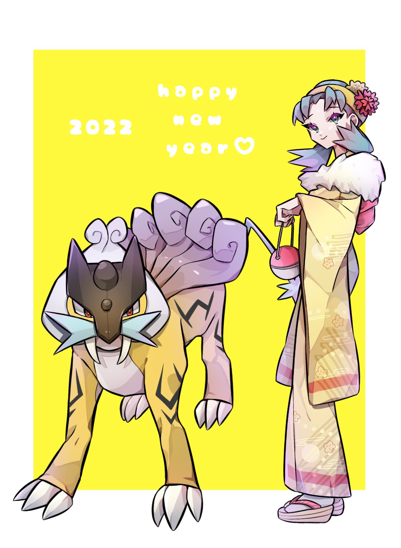 1girl 2022 bangs border closed_mouth commentary_request ebichi_(mon600n) eyelashes flipped_hair floral_print flower green_hair hair_flower hair_ornament hairband happy_new_year highres holding japanese_clothes kimono kris_(pokemon) long_hair outside_border pokemon pokemon_(creature) pokemon_(game) pokemon_gsc raikou red_flower smile standing white_border wide_sleeves yellow_background yellow_hairband yellow_kimono