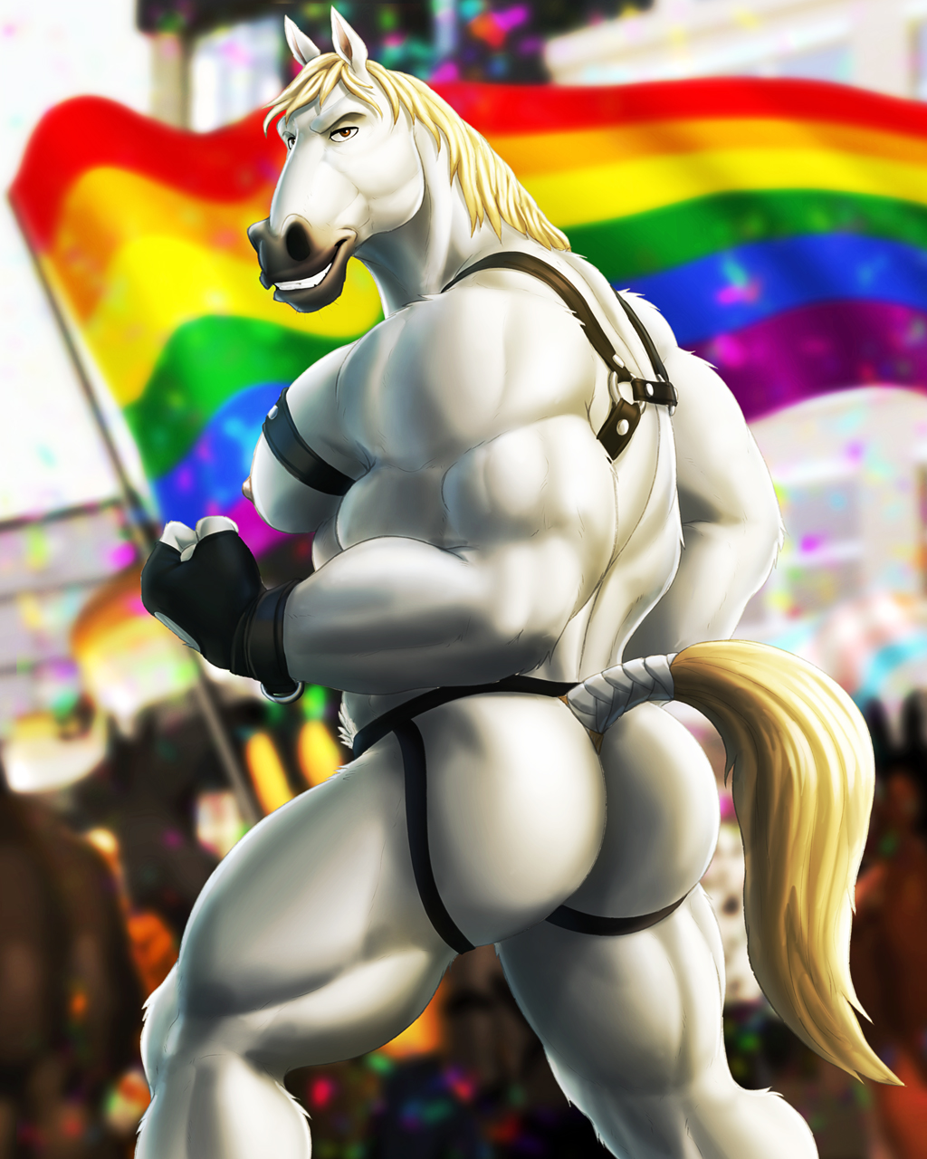 2022 4:5 anthro butt clothing deltoids disney dream_and_nightmare equid equine fur hamstrings harness hi_res horse jockstrap lgbt_history_month lgbt_pride male mammal maximus_(tangled) muscular muscular_male pecs quads rainbow_flag rainbow_symbol solo tail_wraps tangled_(disney) underwear white_body white_fur wraps