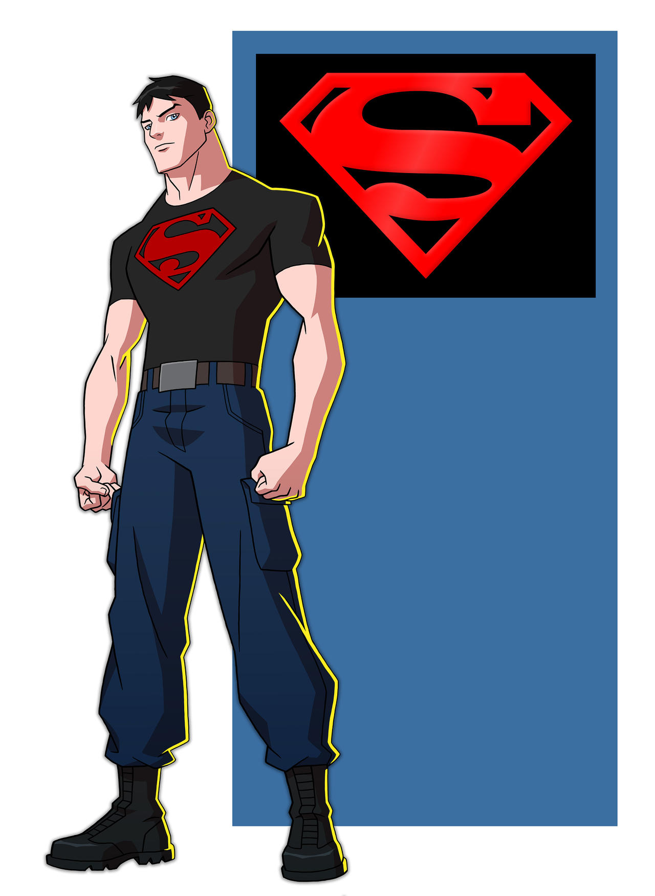 1boy belt belt_buckle black_footwear black_hair blue_eyes boots buckle highres jerome-k-moore looking_at_viewer male_focus pants shirt sleeveless solo superboy teenage young_justice