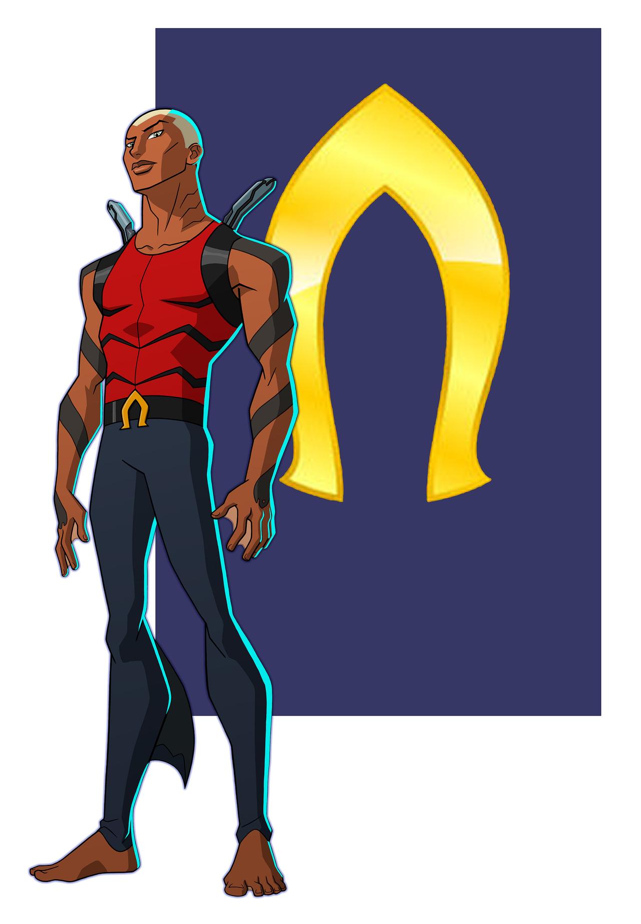 1boy aqualad arm_tattoo barefoot belt blonde_hair closed_mouth dark-skinned_male dark_skin dc_comics gills highres jerome-k-moore looking_at_viewer superhero tattoo teenage webbed_hands young_justice