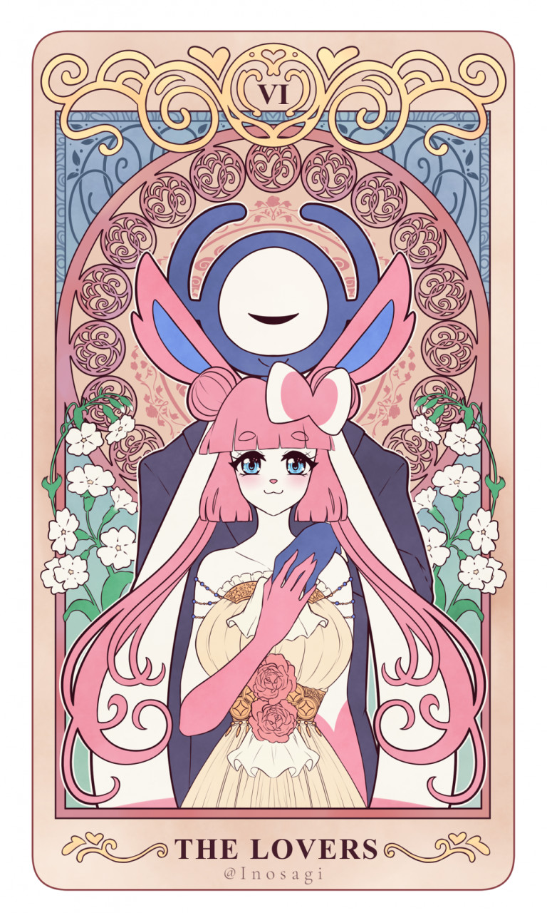 3:5 anthro card clothing dress duo eeveelution female hi_res inosagi male nintendo pok&eacute;mon pok&eacute;mon_(species) suit sylveon tarot_card unown_(pok&eacute;mon) video_games yellow_clothing yellow_dress