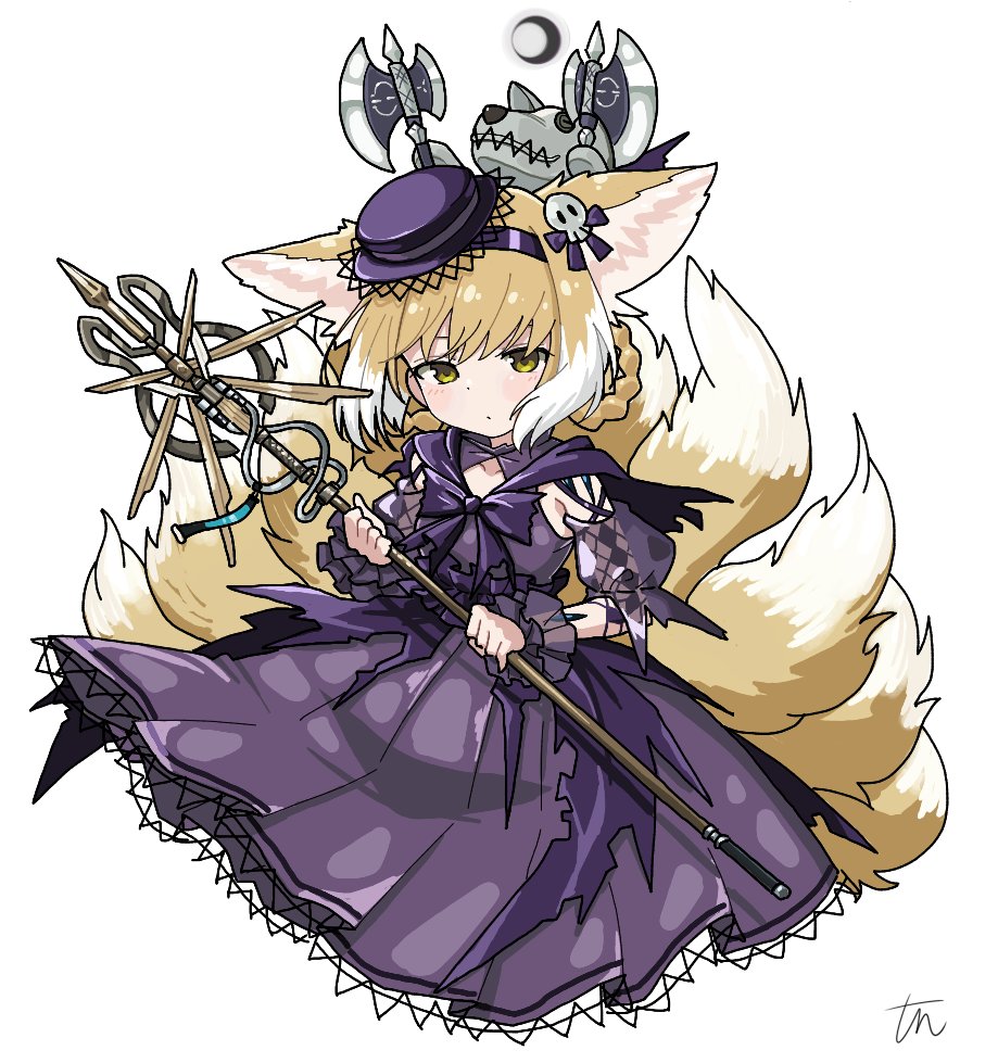 1girl alternate_costume animal_ears arknights axe braid cosplay crescent_moon detached_sleeves dress extra_ears fox_ears fox_girl fox_tail green_eyes hairband hat holding holding_staff kitsune kyuubi light_blush long_hair looking_at_viewer moon morte_(arknights) multiple_tails official_alternate_costume puffy_short_sleeves puffy_sleeves purple_dress purple_hairband purple_headwear shamare_(arknights) shamare_(arknights)_(cosplay) shamare_(echo_of_the_horrorlair)_(arknights) short_sleeves signature simple_background solo staff suzuran_(arknights) tail tun upper_body white_background wrist_cuffs