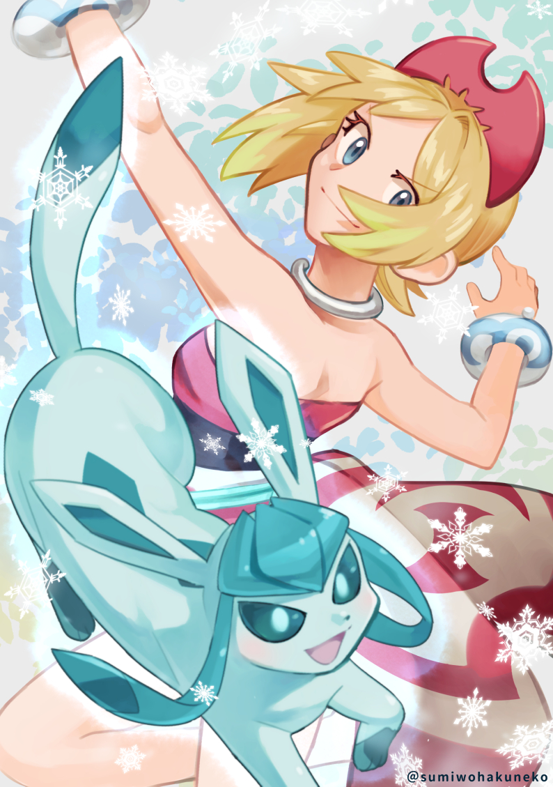 1girl arm_up bangs blonde_hair blue_eyes bracelet breasts closed_mouth collar commentary_request eyelashes glaceon hairband hand_up irida_(pokemon) jewelry leg_up pokemon pokemon_(creature) pokemon_(game) pokemon_legends:_arceus red_hairband red_shirt shirt short_hair smile snowflakes sumi_wo_hakuneko twitter_username