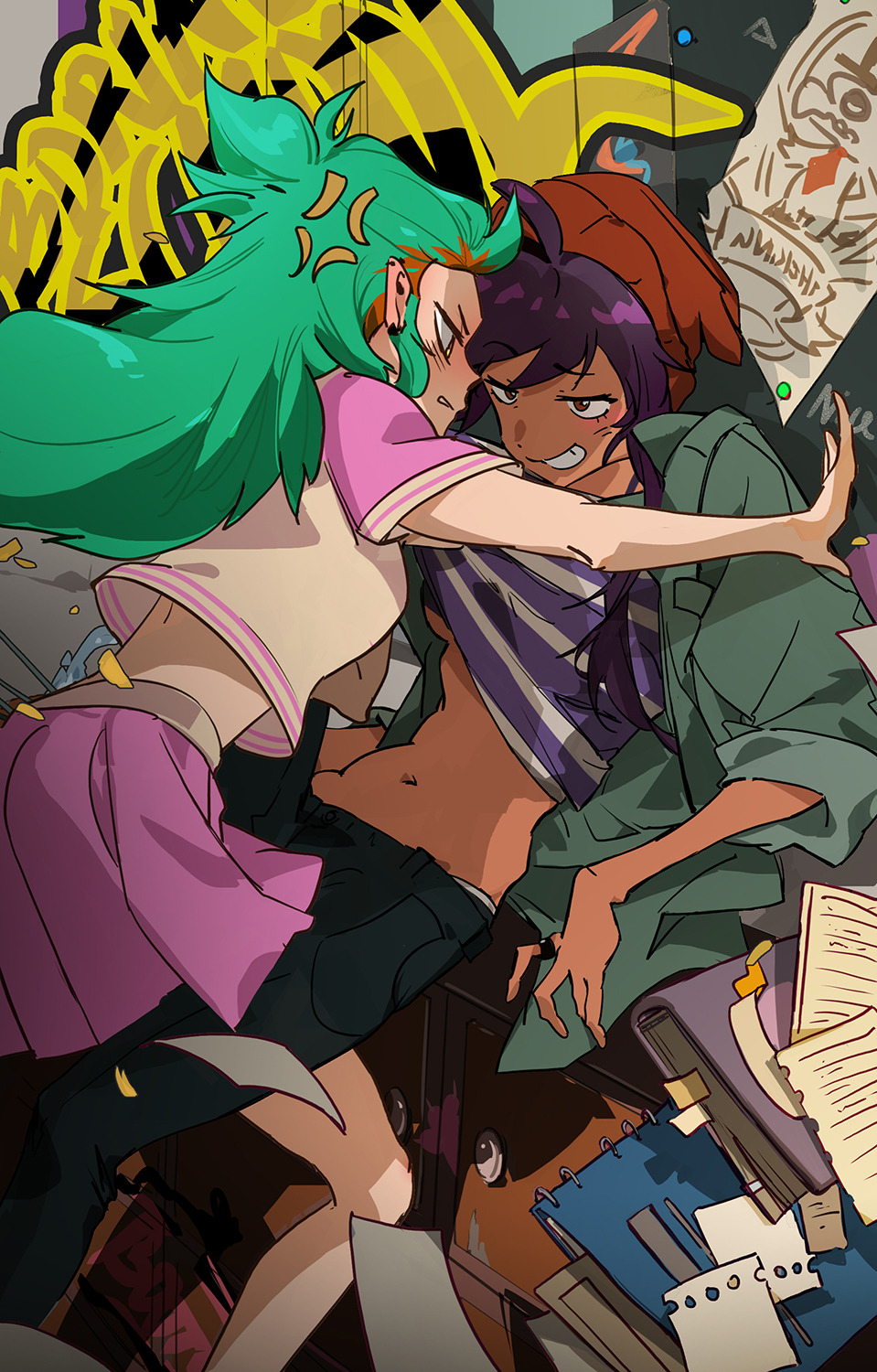 2girls amity_blight angry black_pants blush book brown_eyes brown_hair clothes_pull dark-skinned_female dark_skin graffiti green_hair green_jacket highres jacket kumaicecream long_hair loose_clothes loose_shirt luz_noceda multiple_girls navel older pants paper pink_shirt pink_skirt shirt shirt_pull short_hair skirt smile smug teeth the_owl_house white_shirt yellow_eyes yuri