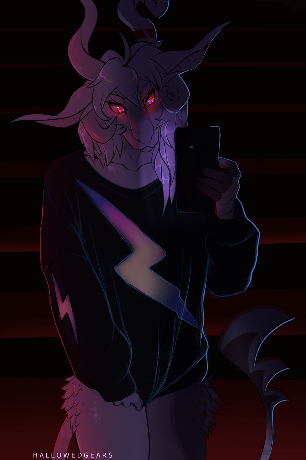 2020 24884_(hallowedgears) android anthro asymmetrical_horns blue_pupils claws clothed clothing curled_horns digital_media_(artwork) drude ears_outwards english_text front_view hair hallowedgears hi_res holding_object holding_phone horn light lightning_bolt long_sleeves looking_at_object looking_at_phone machine male perjury_(hallowedgears) phone pivoted_ears pulling_clothing pupils red_eyes robot scales scalie shaded signature simple_background solo spiked_tail spikes spikes_(anatomy) text trans_(lore) white_body white_hair