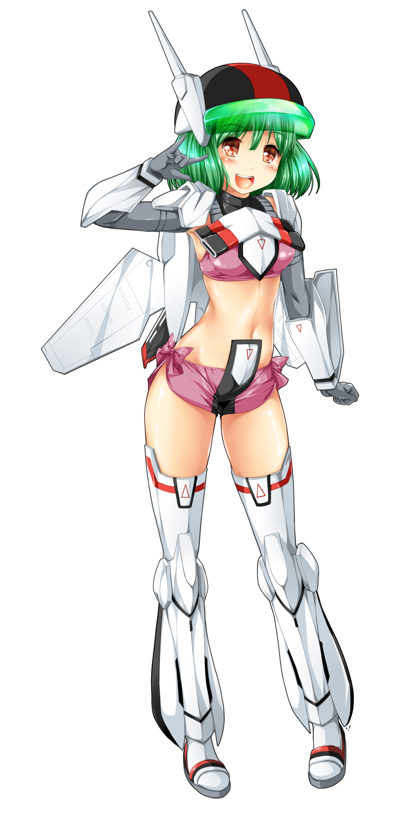 1girl breasts full_body green_hair headgear highres kamiya_tomoe looking_at_viewer macross macross_frontier mecha_musume mechanical_arms mechanical_legs mechanical_wings medium_breasts midriff navel open_mouth orange_eyes pink_shorts ranka_lee seikan_hikou shiny shiny_hair shiny_skin short_hair shorts simple_background smile solo standing thighs thrusters white_background wings