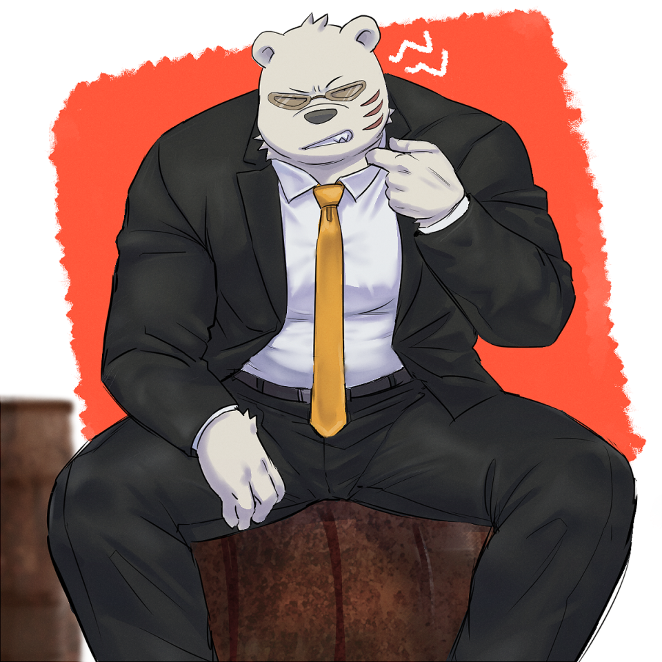 1boy animal_ears bara barrel bear_boy bear_ears black_suit bulge clenched_teeth collared_shirt feet_out_of_frame formal furry furry_male looking_at_viewer male_focus muscular muscular_male necktie odd_taxi pectorals scar scar_on_cheek scar_on_face sekiguchi_(odd_taxi) shirt sitting solo suit sunglasses teeth white_fur yellow_necktie zoku_bu