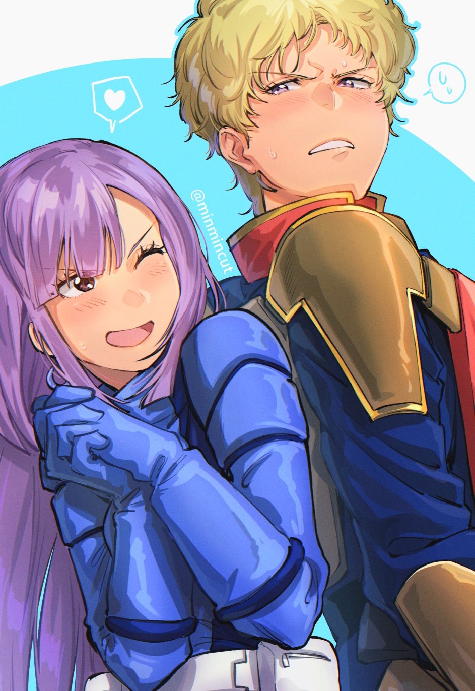 1boy 1girl back-to-back blonde_hair blue_jacket blush brown_eyes chanmura commentary_request glemy_toto gundam gundam_zz hair_behind_ear heart highres jacket one_eye_closed parted_lips pilot_suit purple_eyes purple_hair role_reversal roux_louka speech_bubble spoken_heart spoken_sweatdrop sweatdrop v-shaped_eyebrows