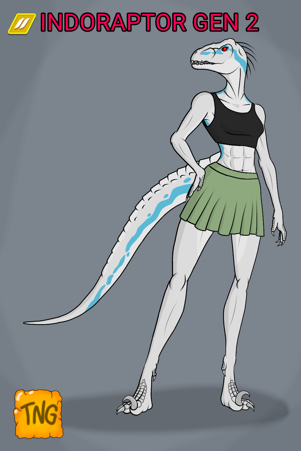 anthro blue_body blue_scales bottomwear bra claws clothing dinosaur female green_bottomwear green_clothing green_skirt grey_claws hi_res indoraptor indoraptor_gen_2 jurassic_park jurassic_world_alive midriff muscular muscular_anthro muscular_female reptile scales scalie skirt solo sports_bra the_nameless_guy theropod topwear underwear universal_studios white_body white_scales